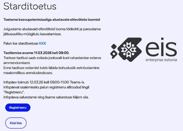 EIS Starditoetus 2026: taotlusvoor avaneb 11.03 + infopäev Teamsis (12.03)